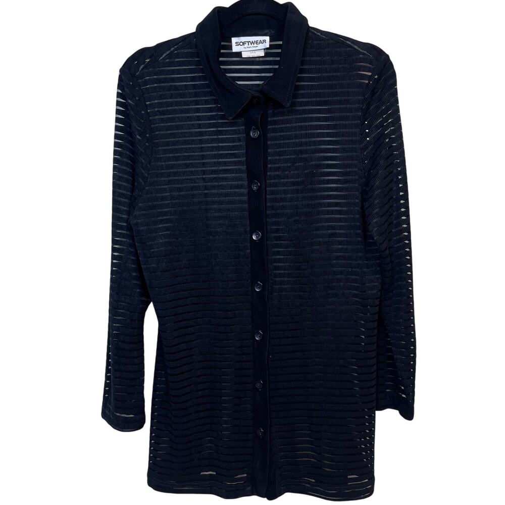 Softwear by Mark Singer Black Sheer Stripe Button Down Top Women’s Medium